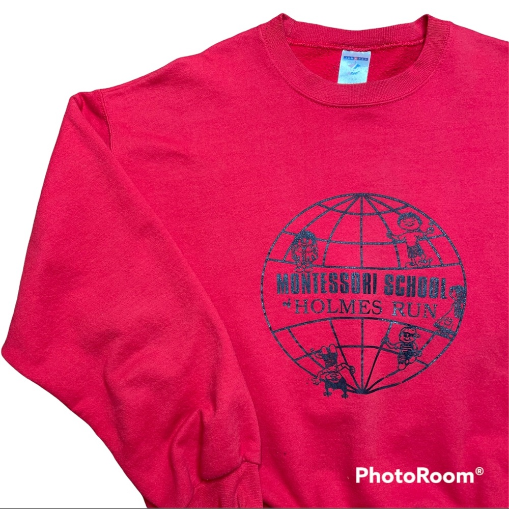 Vintage Jerzees Montessori Holmes Run Red Long Sleeve Crewneck Sweatshirt Size L
